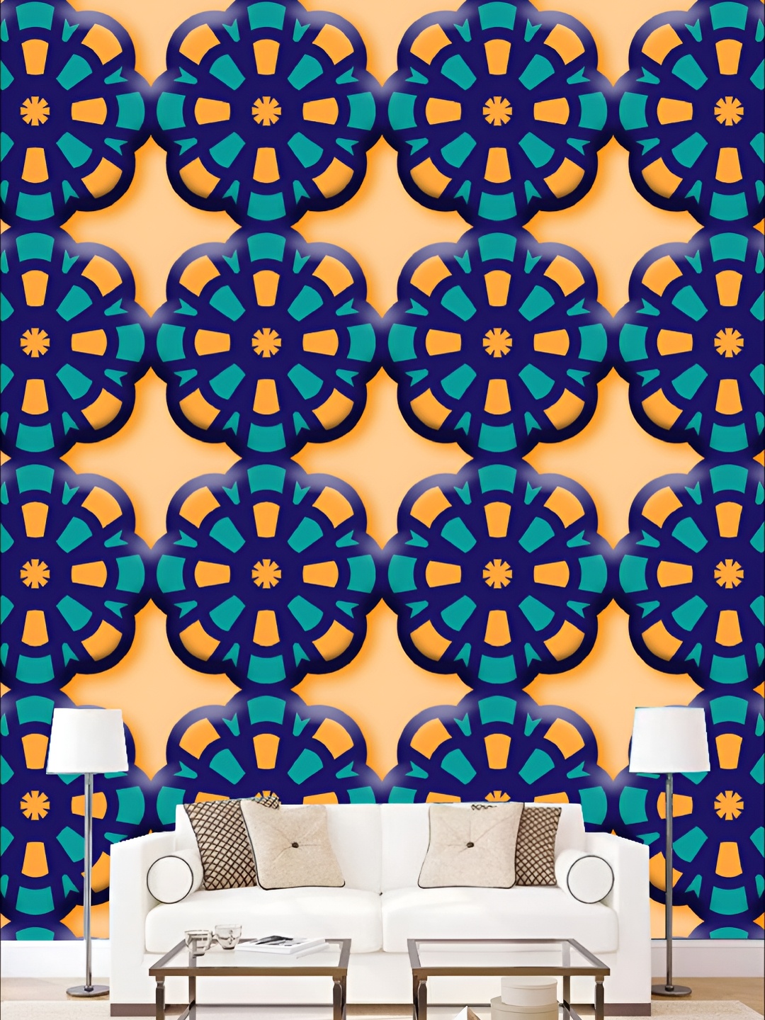 

KSHIRSA Blue & Orange Coloured 3D Printed Self-Adhesive Wallpaper