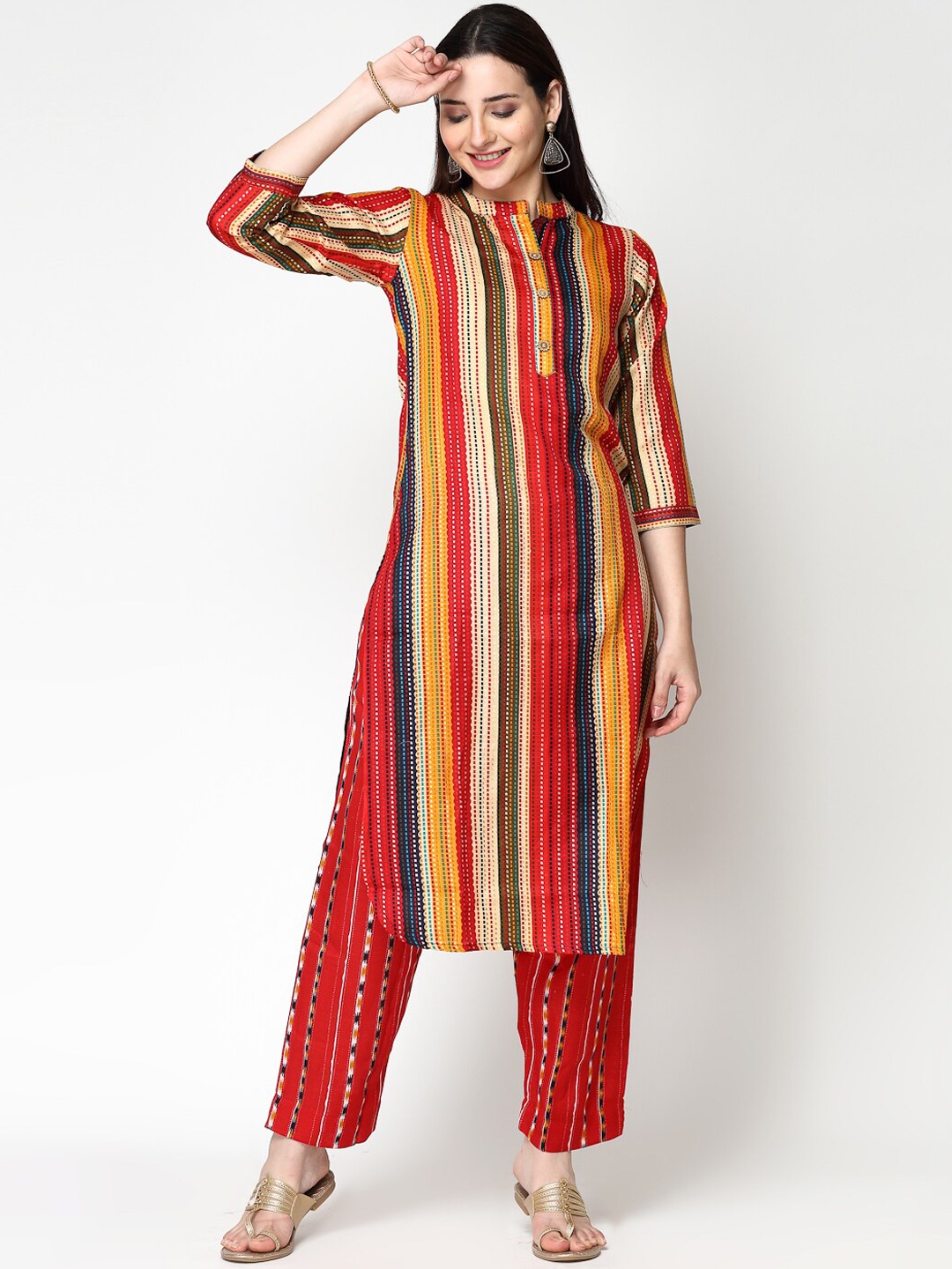 

ISHQY Striped Printed Regular Straight Kurta with Trousers, Red