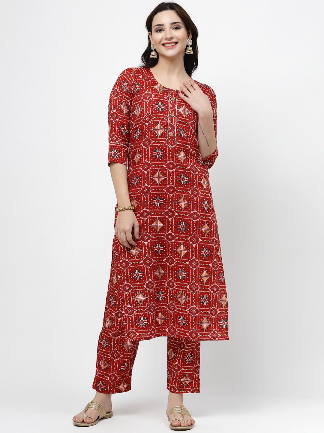 

ISHQY Ethnic Motifs Printed Regular Straight Kurta with Trousers, Red