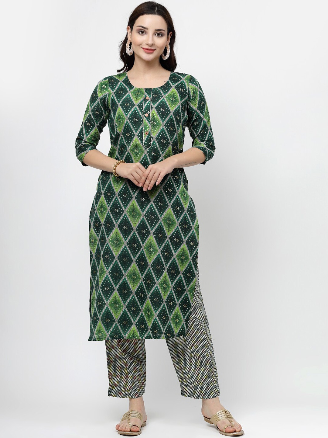 

ISHQY Floral Printed Striped Kurta With Trouser, Green
