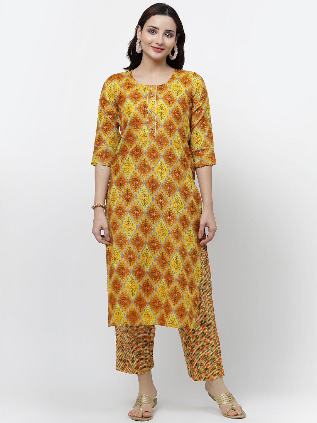 

ISHQY Ethnic Motifs Printed Straight Kurta With Trouser, Yellow