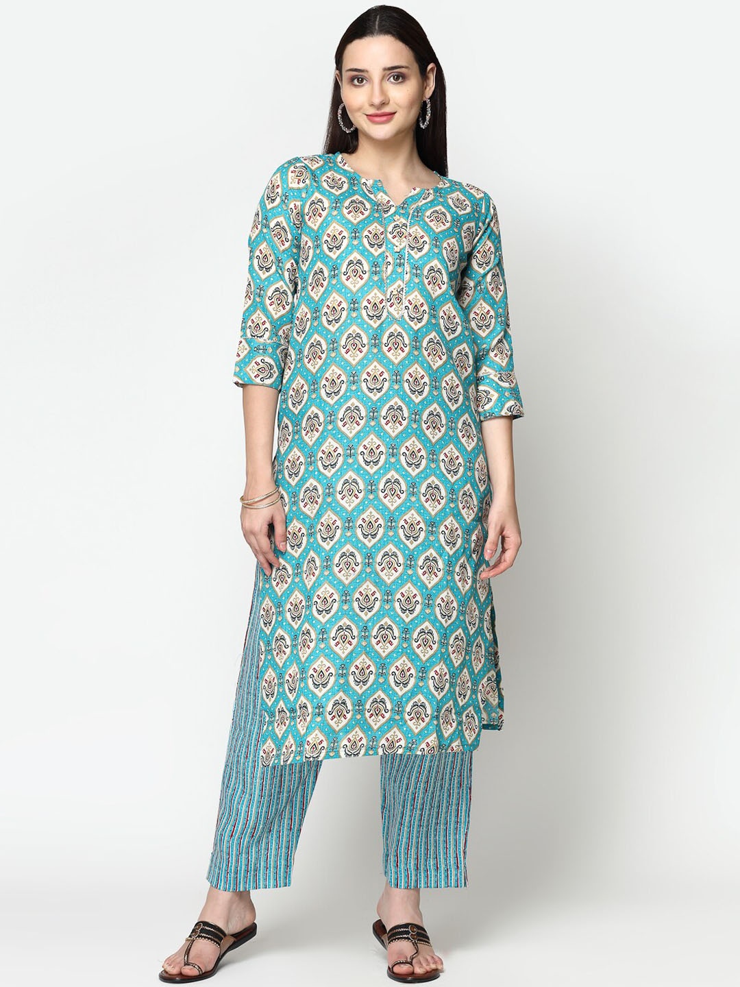ISHQY Ethnic Motifs Printed Regular Straight Kurta with Trousers, Blue