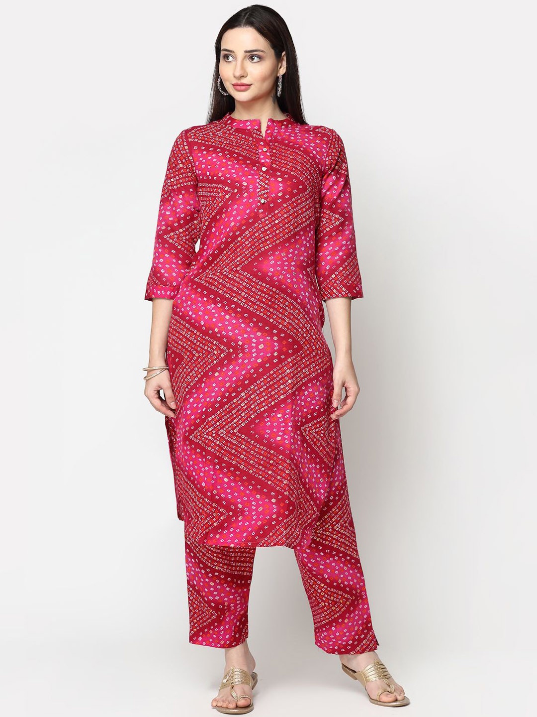 

ISHQY Bandhani Printed Regular Straight Kurta with Trousers, Pink