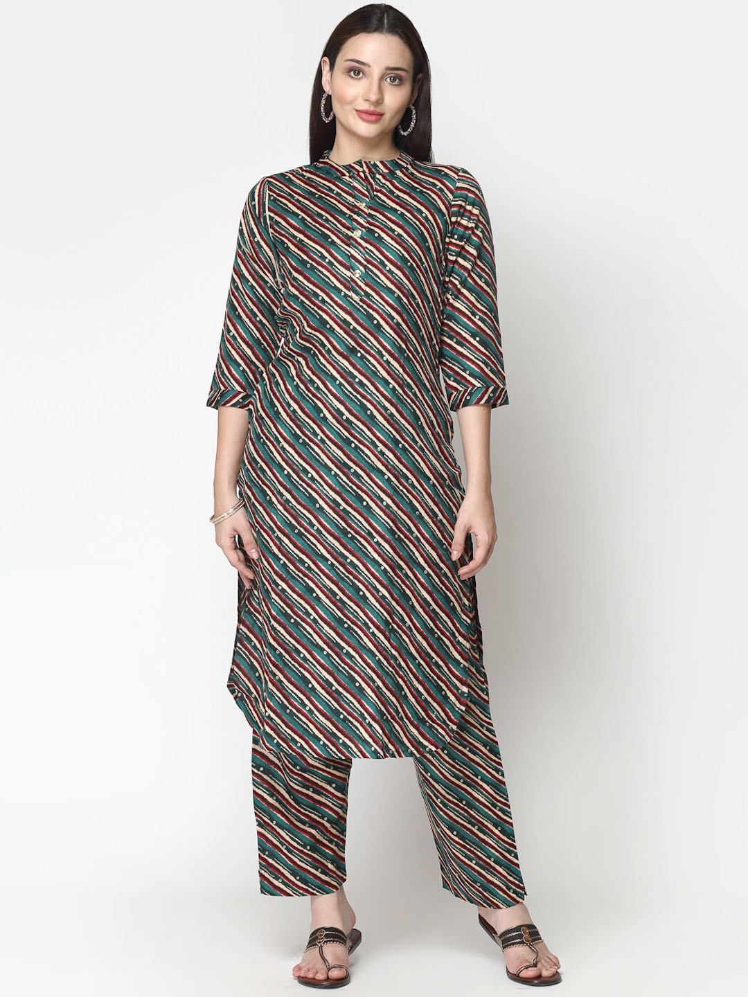 

ISHQY Striped Printed Mandarin Collar Regular Straight Kurta with Trousers, Green