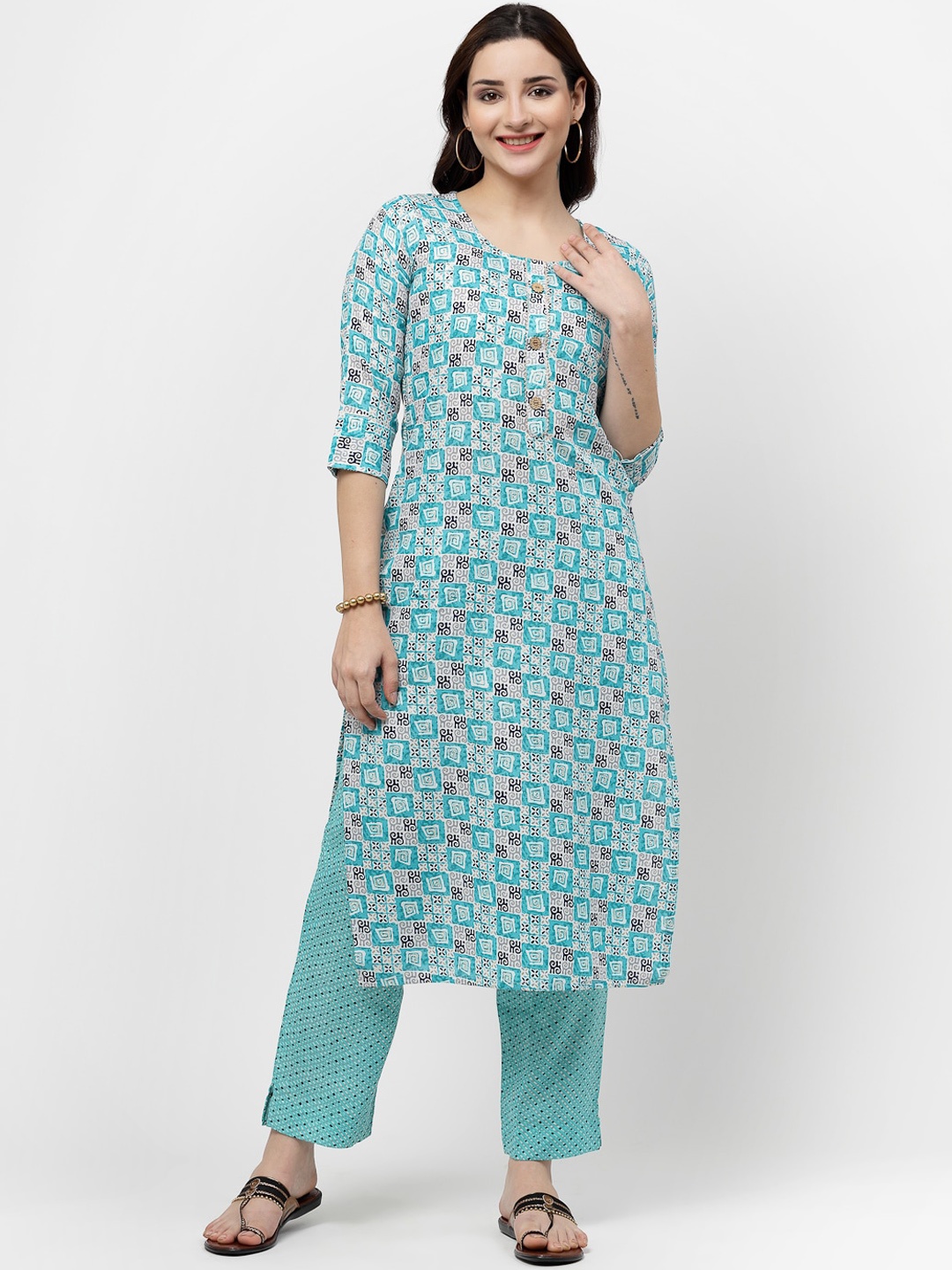 ISHQY Floral Printed Regular Straight Kurta with Trousers, Blue