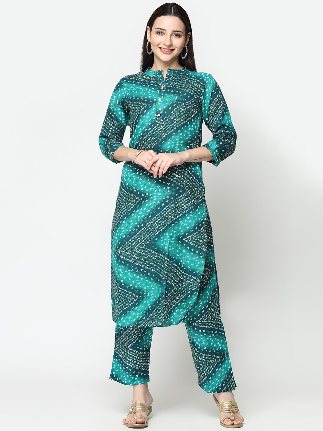 ISHQY Bandhani Printed Straight Kurta With Trouser, Green