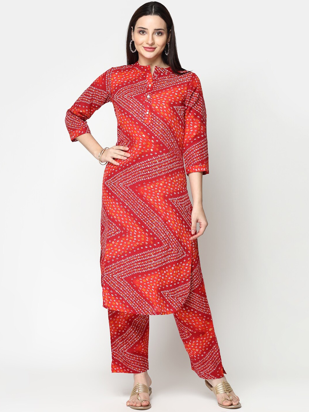 

ISHQY Bandhani Printed Regular Straight Kurta with Trousers, Red