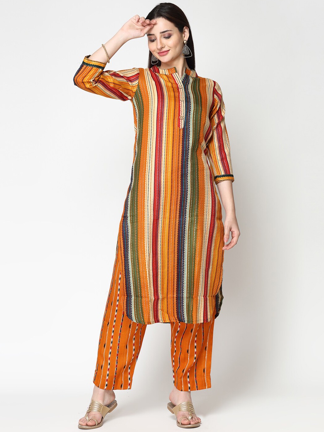 ISHQY Striped Straight Kurta With Trouser, Orange