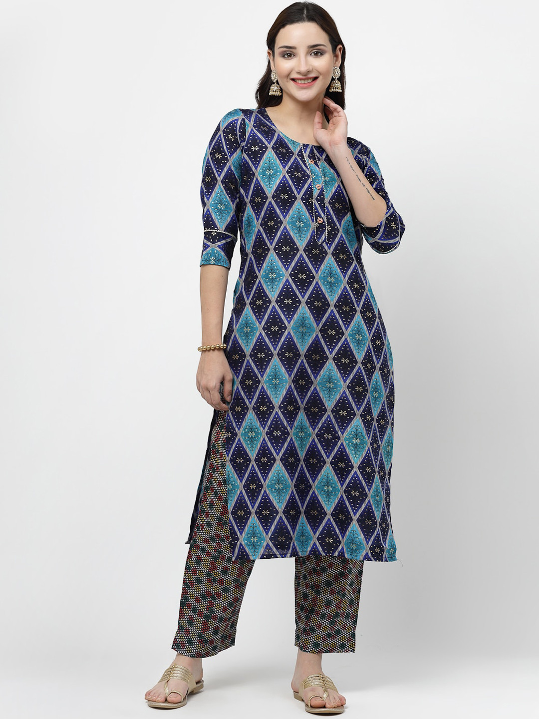 

ISHQY Printed Regular Straight Kurta with Trousers, Blue
