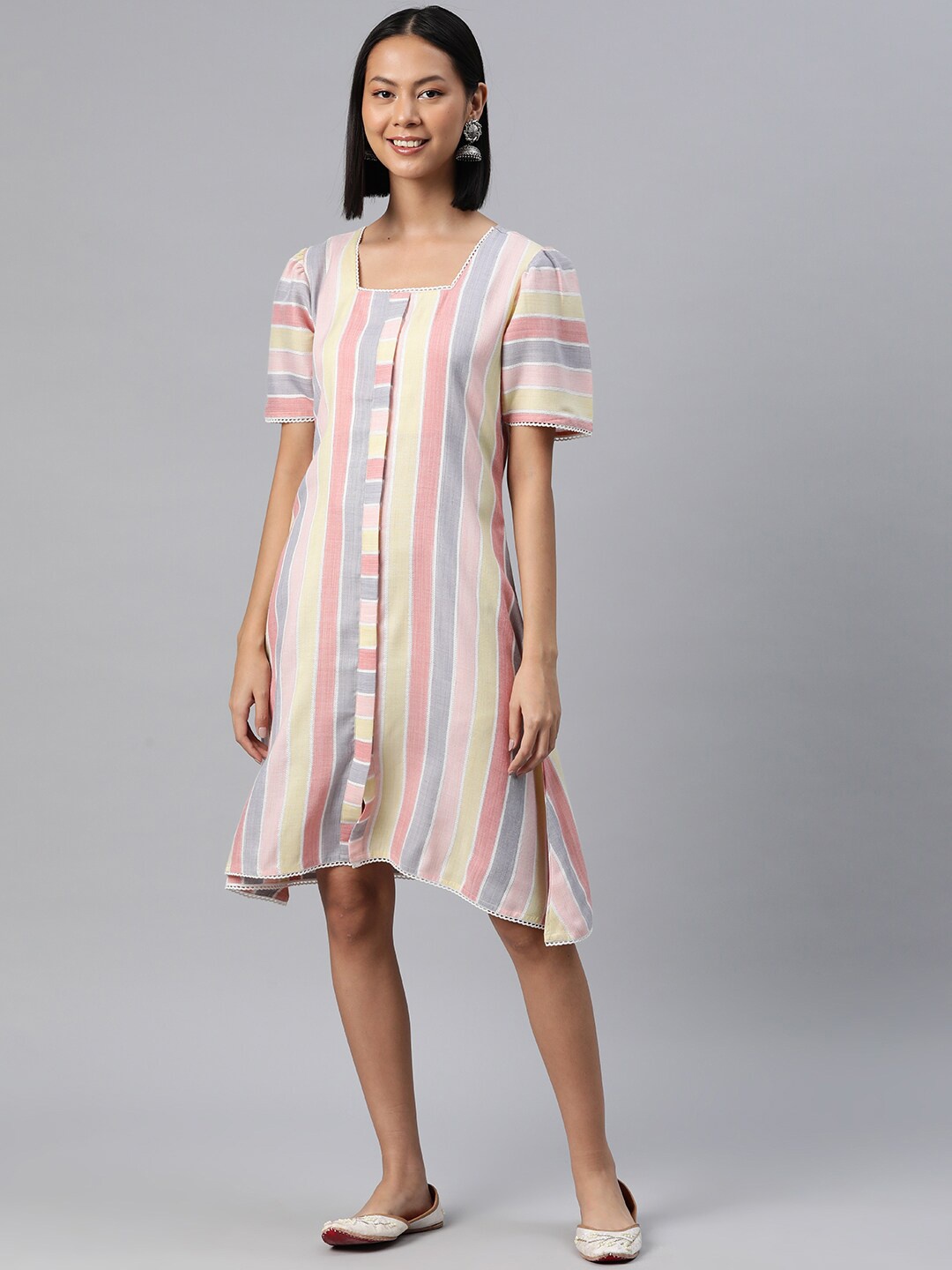 

KALINI Striped Square Neck Cotton A-Line Dress, Pink