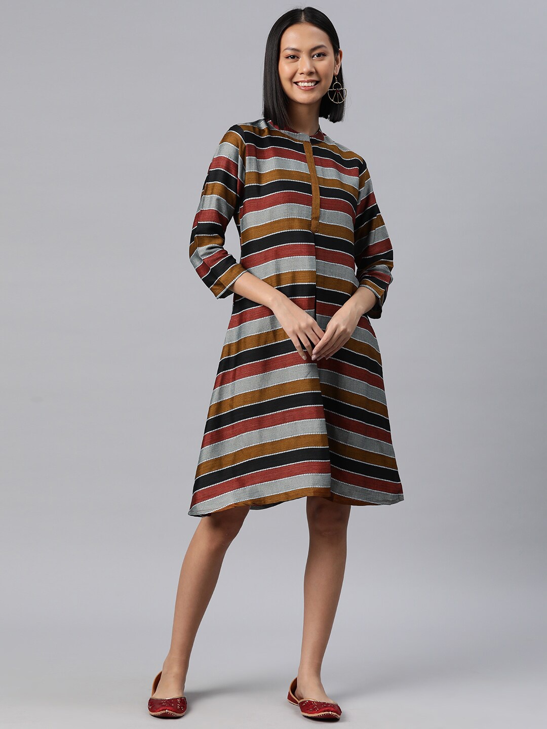 

KALINI Striped Band Collar A-Line Dress, Black