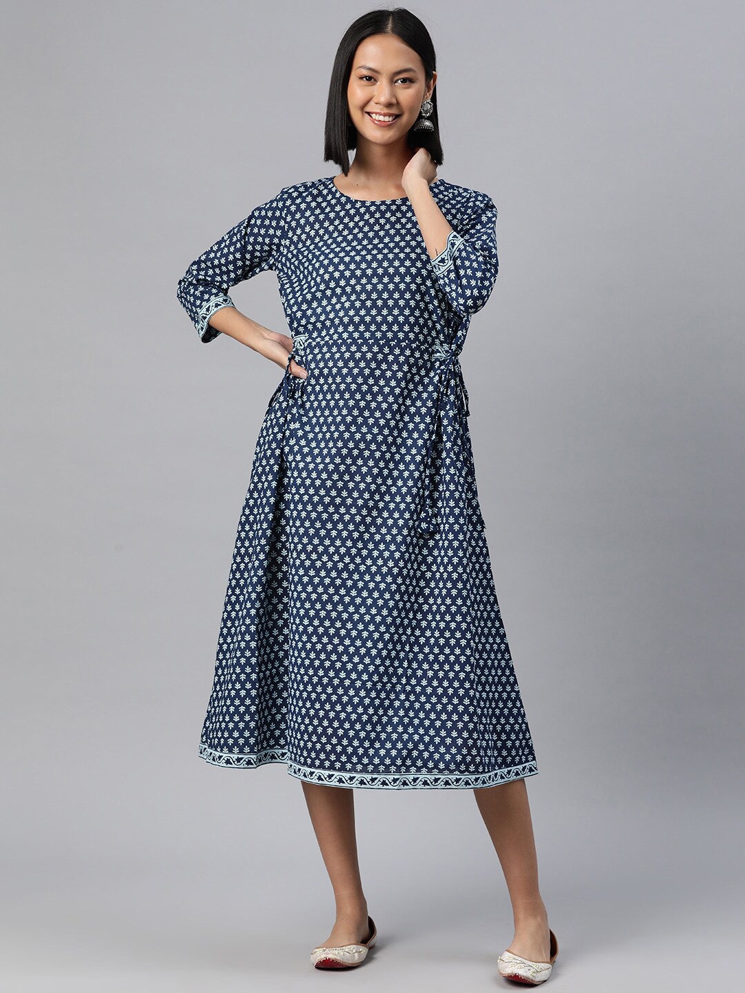 

KALINI Ethnic Motifs Printed Cotton A-Line Midi Dress, Blue