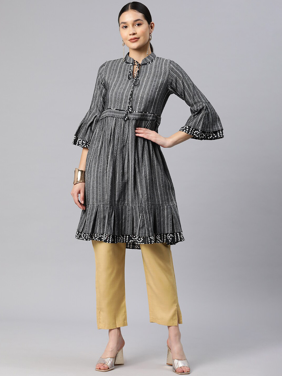 

KALINI Striped Tie-Up Neck Bell Sleeve Cotton Tunic, Grey
