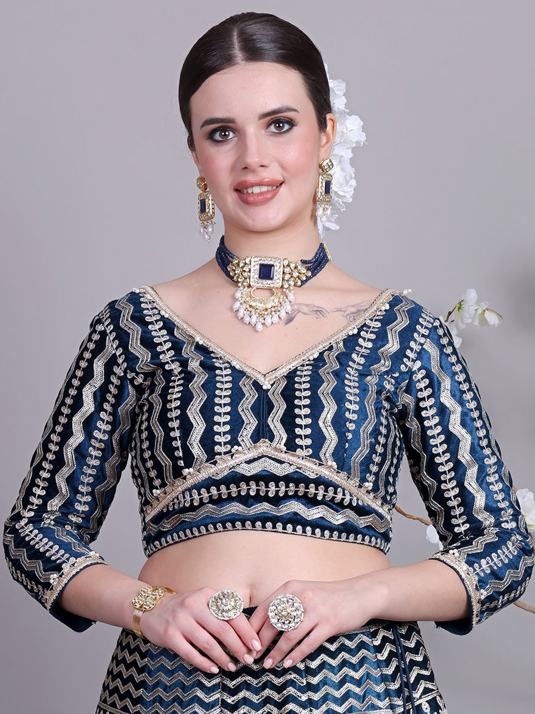 

Ethnovog Floral Embroidered Velvet Saree Blouse, Blue