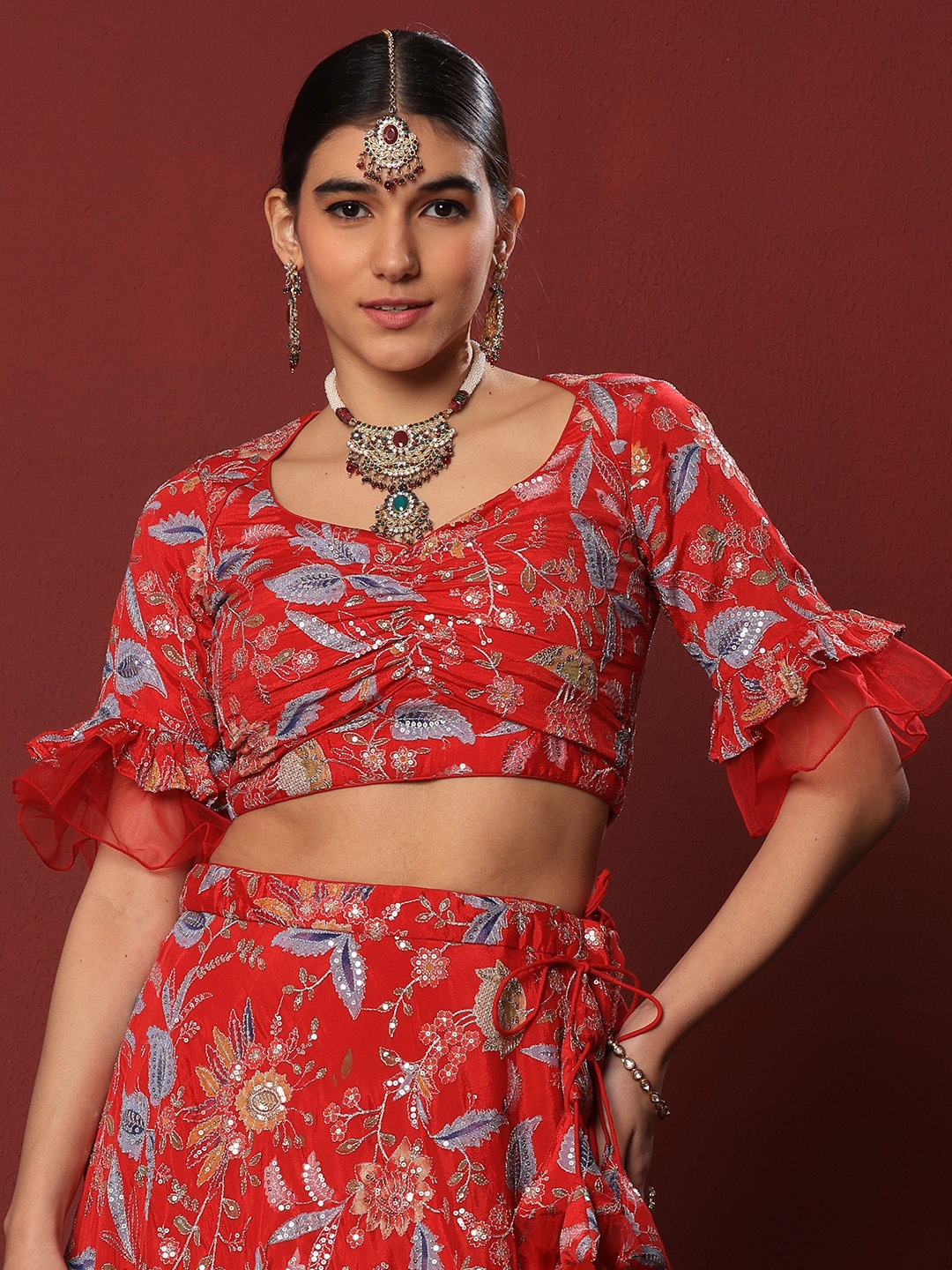 

Ethnovog Floral Printed & Embroidered Saree Blouse, Red