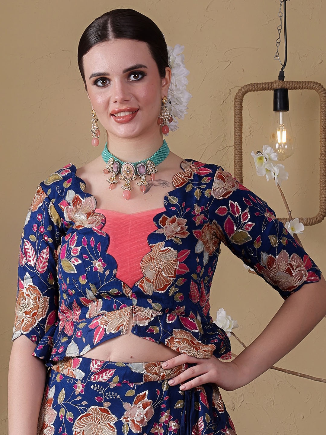 

Ethnovog Floral Embroidered Saree Blouse, Blue