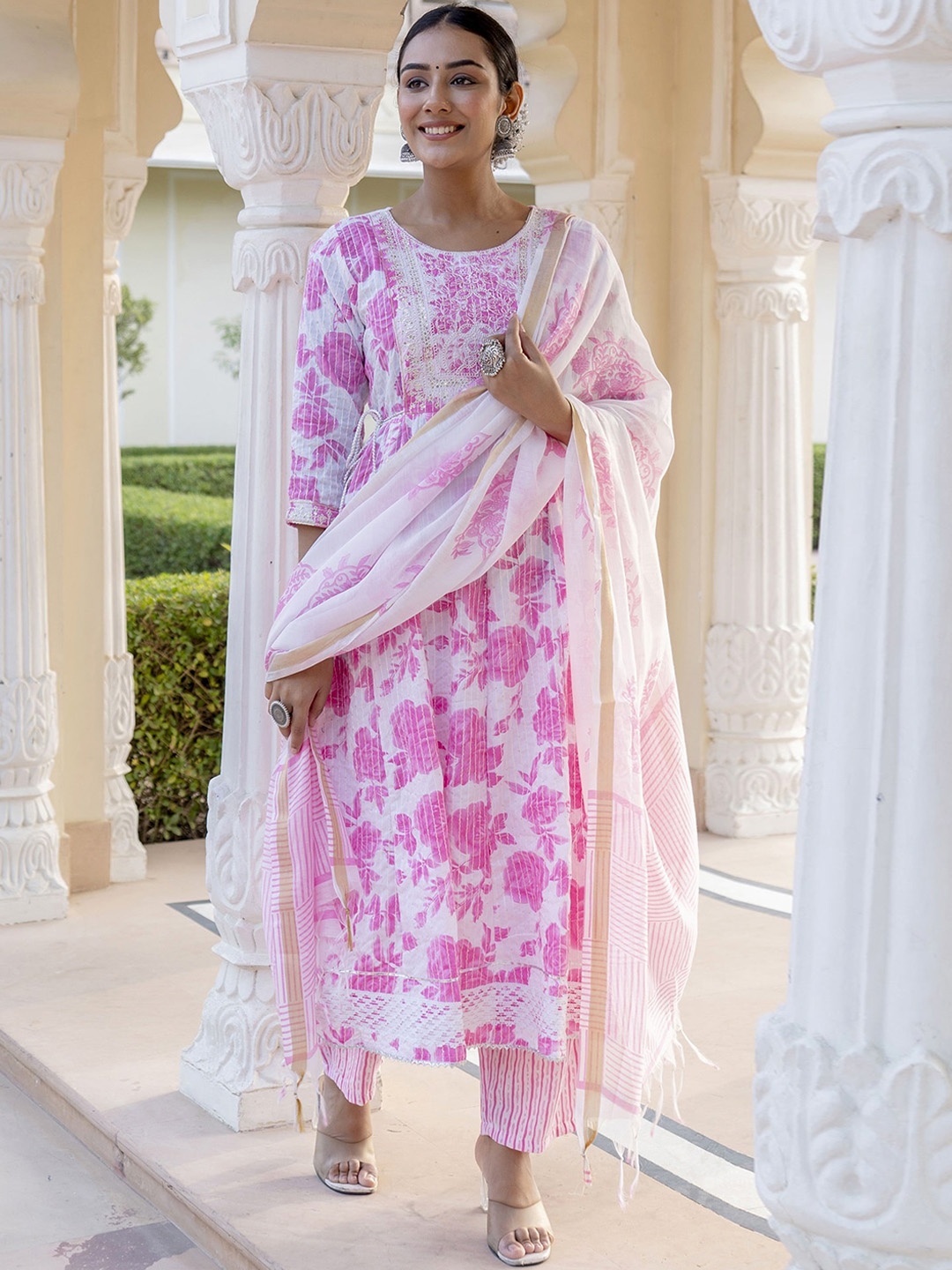 

KALINI Floral Printed Regular Thread Work Anarkali Kurta With Trousers & Dupatta, Pink
