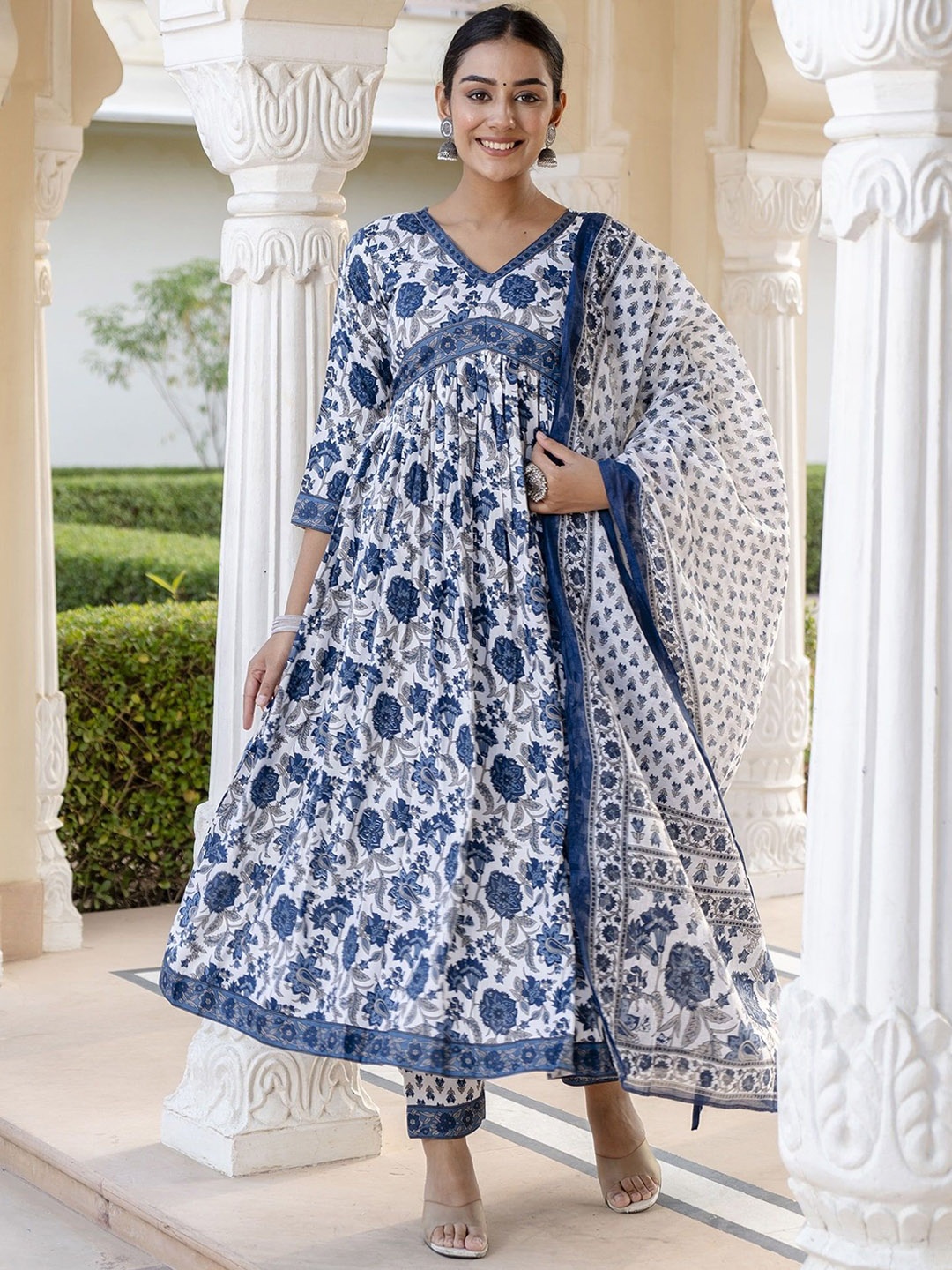 

KALINI Floral Printed Empire Anarkali Kurta With Trousers & Dupatta, Blue