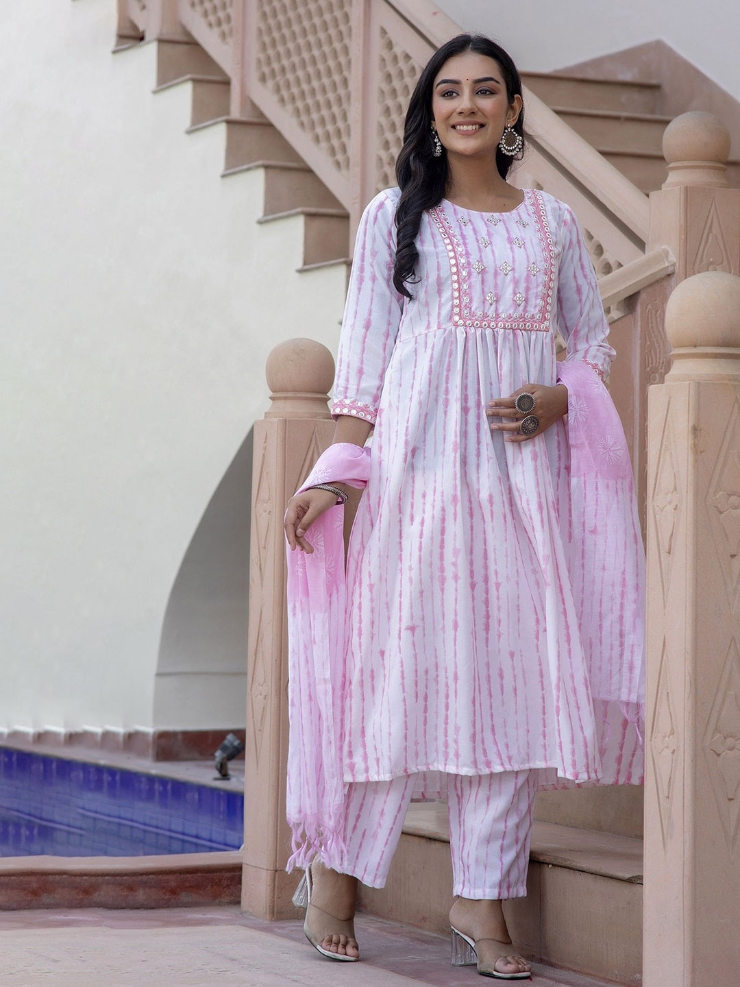 

KALINI Striped Dyed Regular Mirror Work Kurta With Trouser & Dupatta, White