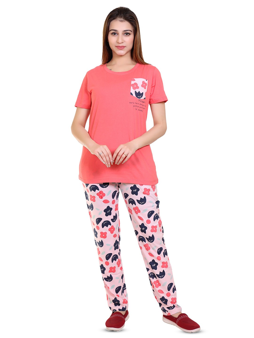 

MAZMUN Floral Printed T-shirt With Pyjamas, Coral