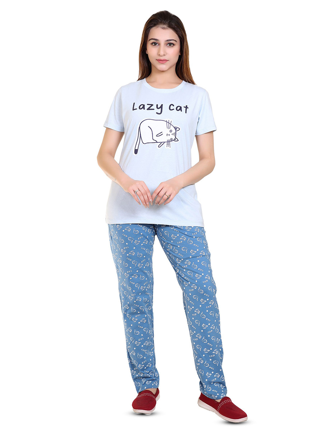

MAZMUN Graphic Printed Round Neck Night Suit, Blue