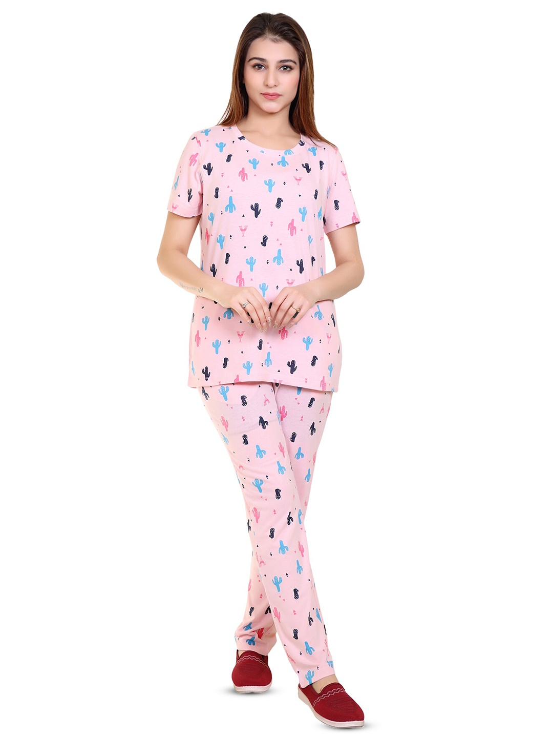 

MAZMUN Conversational Printed Round Neck Night Suit, Pink