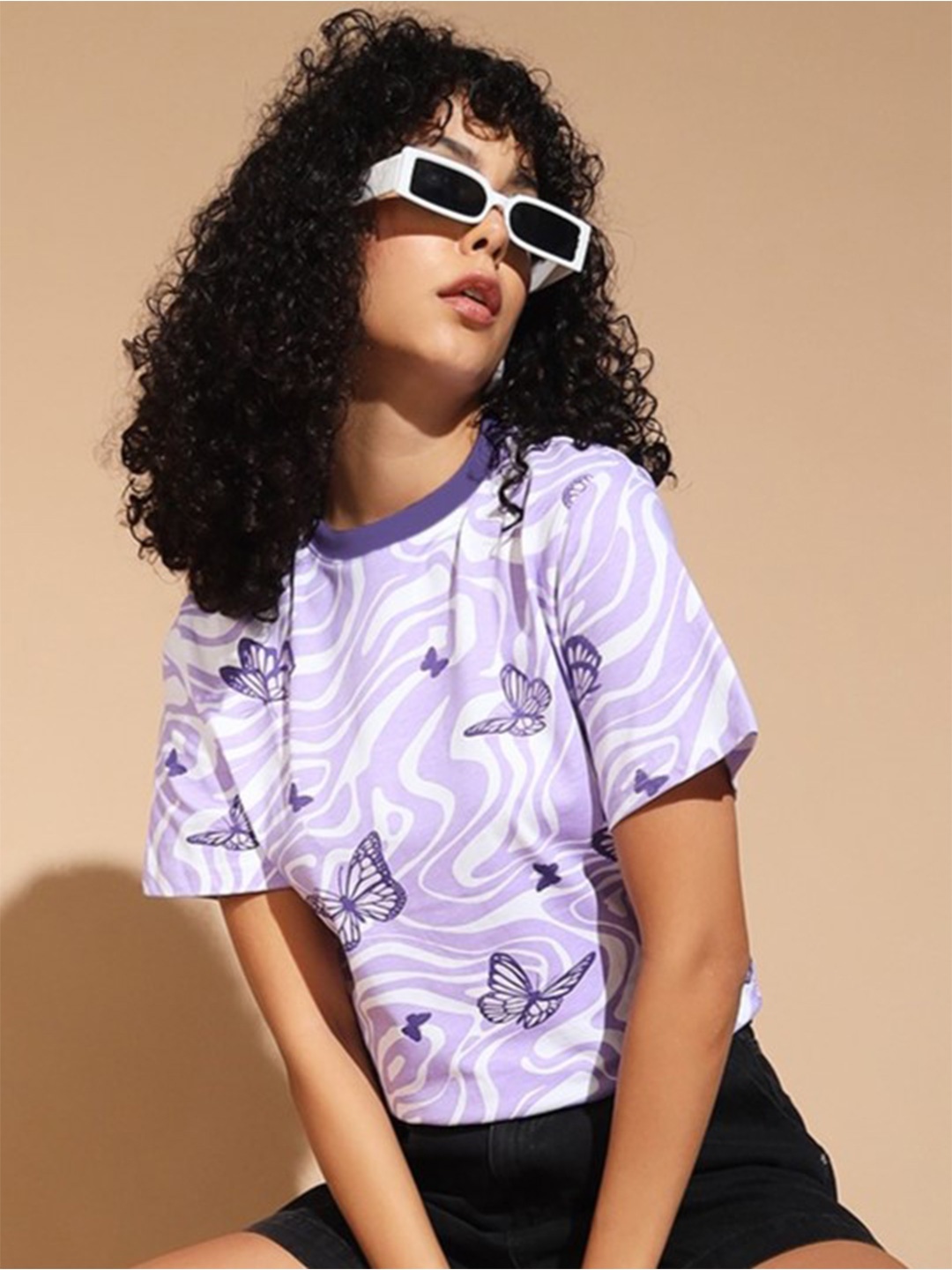 

The Dry State Lavender Round Neck Printed Cotton T-shirt