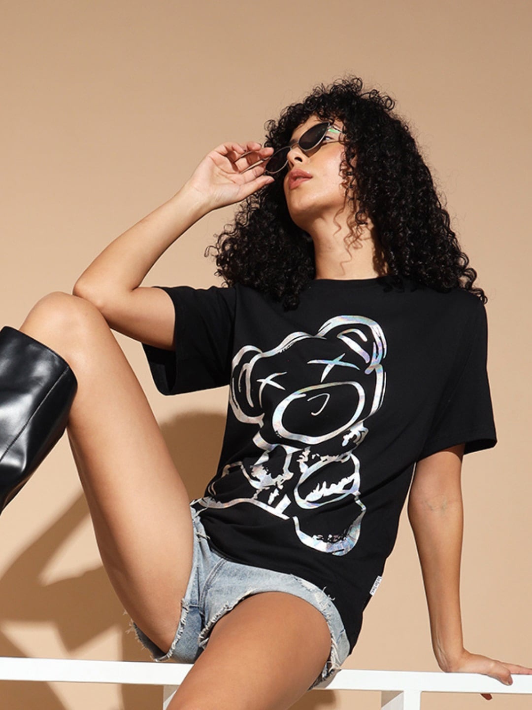 

The Dry State Black Round Neck Printed Cotton T-shirt