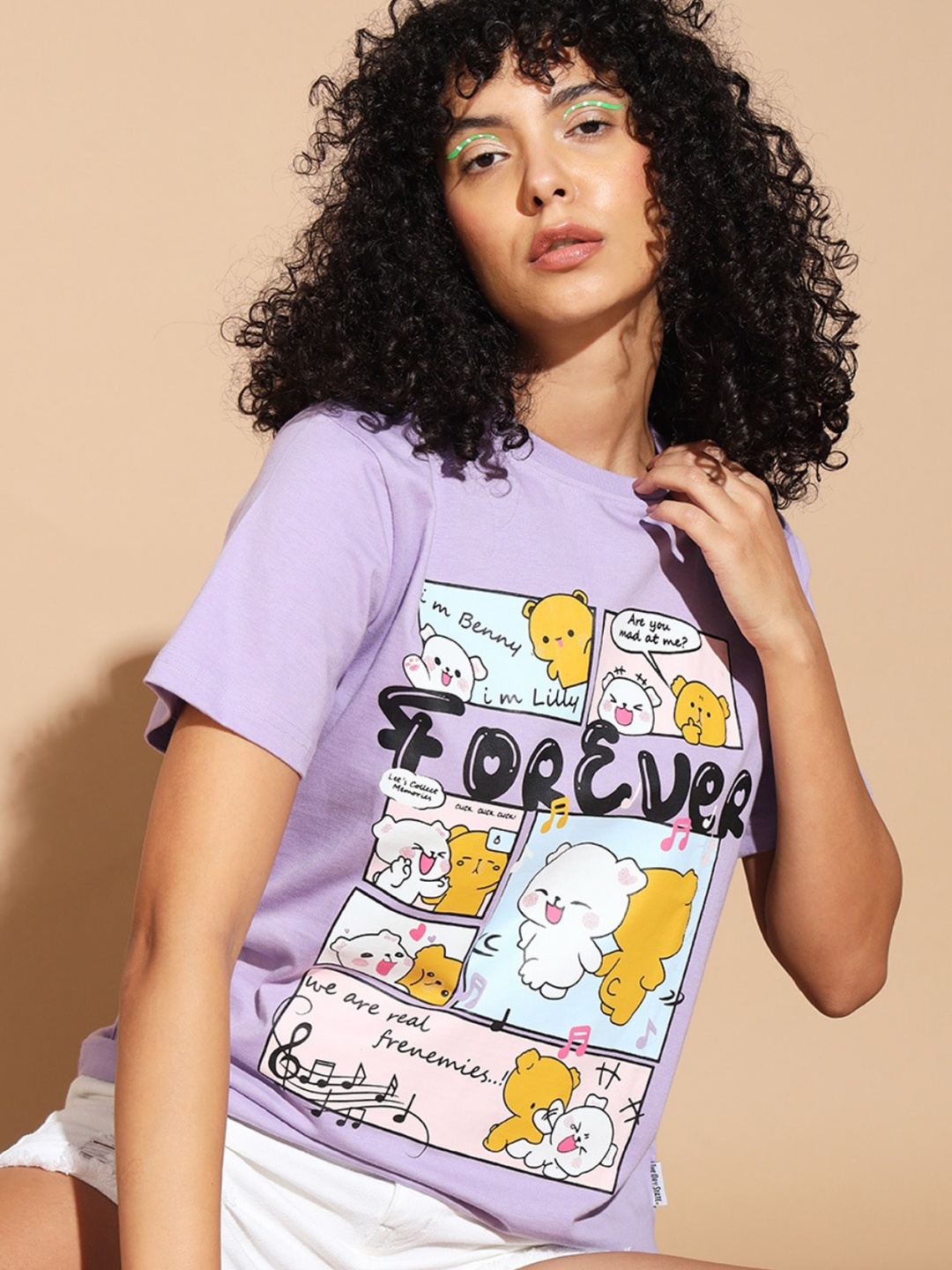 

The Dry State Printed Short Sleeves Round Neck Cotton Applique T-shirt, Lavender