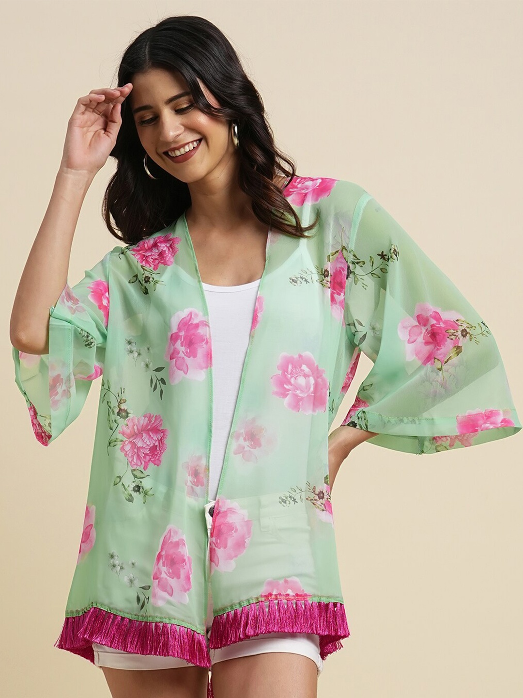 

BAPS Floral Printed V-Neck Open Front Shrug, Green