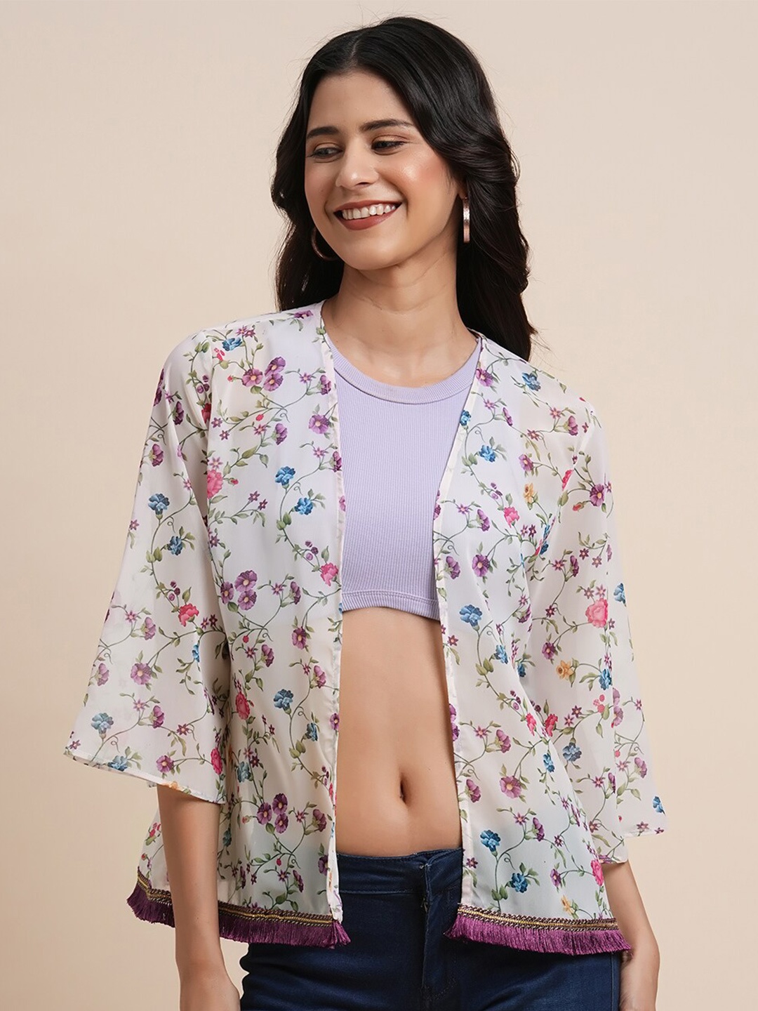 

BAPS Floral Printed V-Neck Open Front Shru, Off white