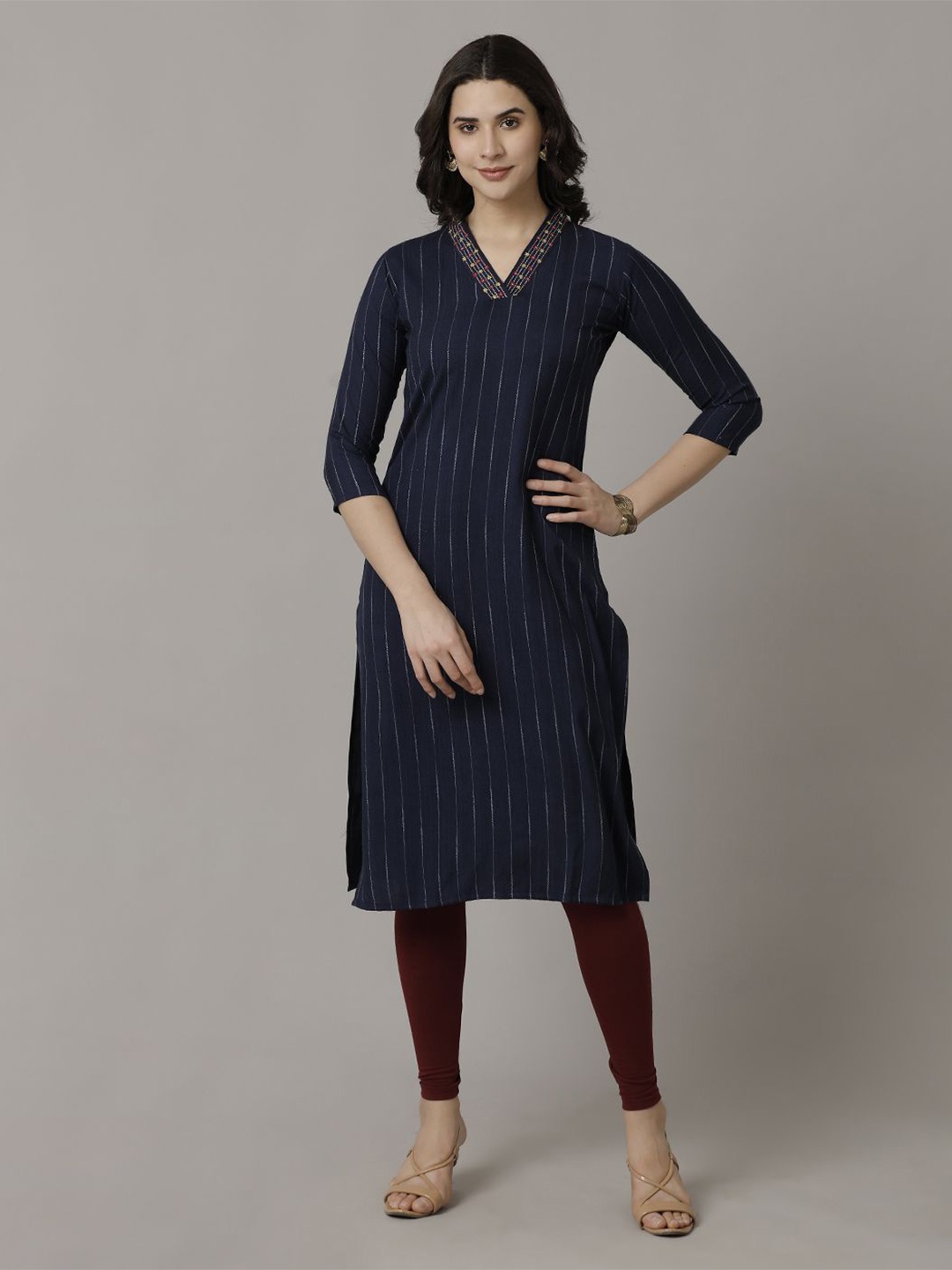 

NAYRA Striped V-Neck Thread Work Straight Kurta, Navy blue