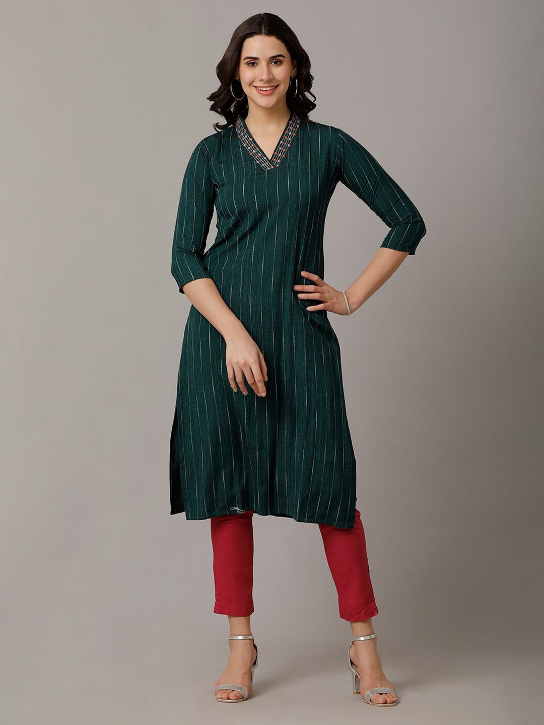 

NAYRA V-Neck Striped Thread Work Straight Kurta, Olive