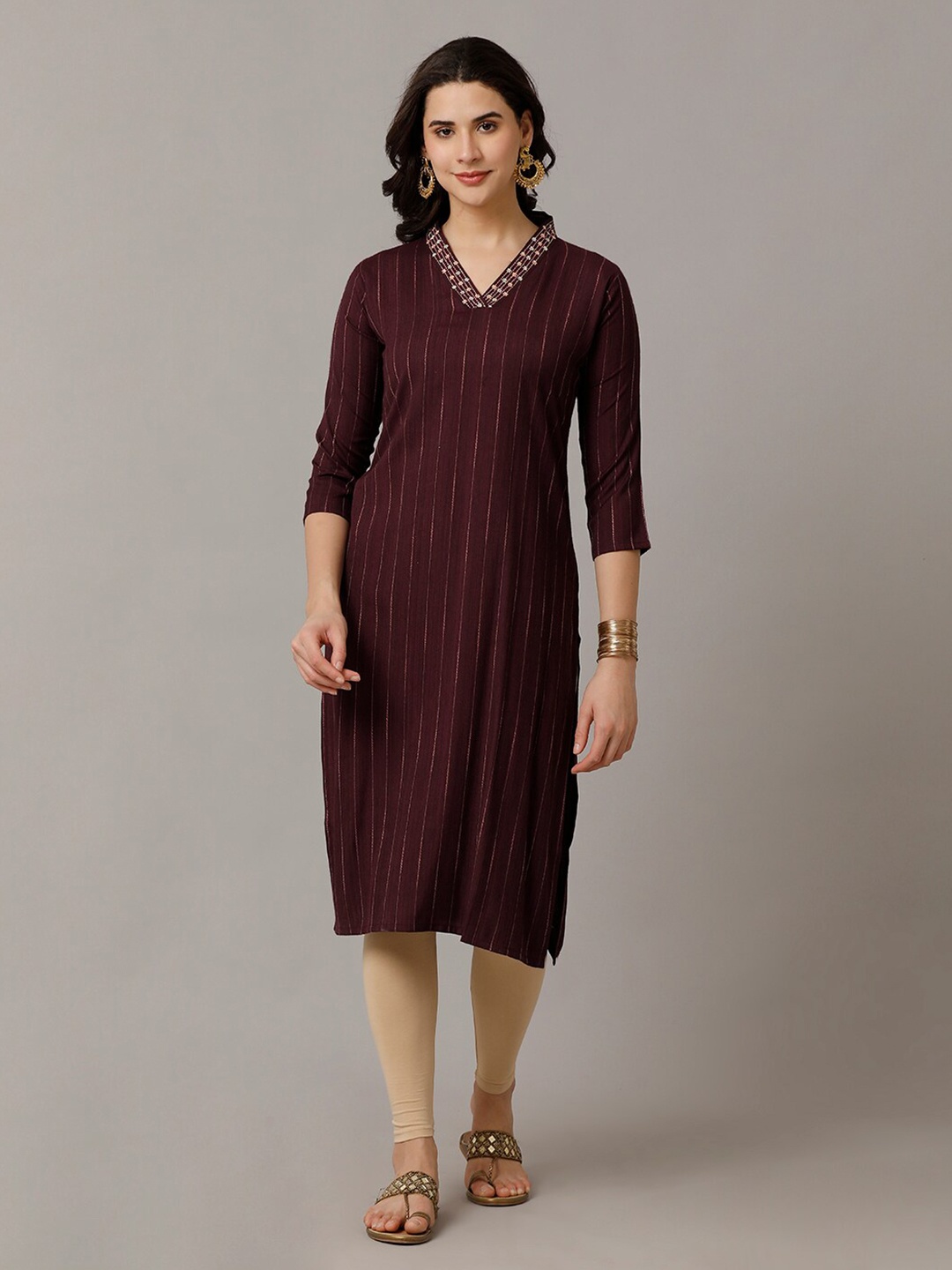 

NAYRA Striped V-Neck Regular Straight Kurta, Brown