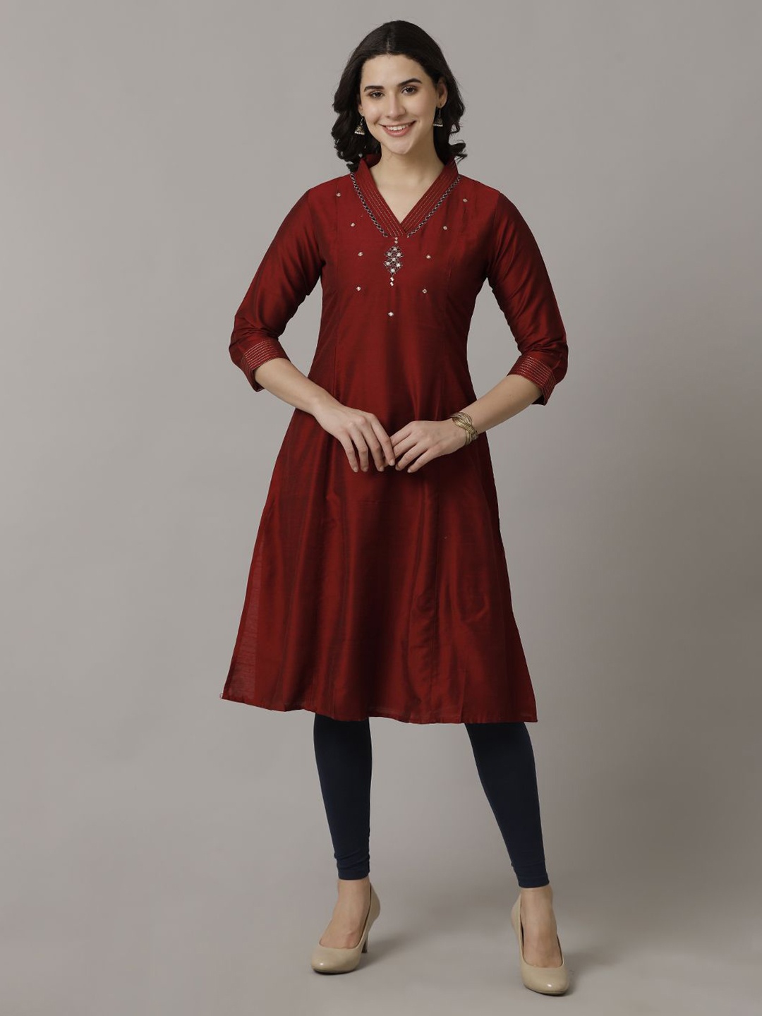 

NAYRA Floral Embroidered Thread Work Panelled A-Line Kurta, Red