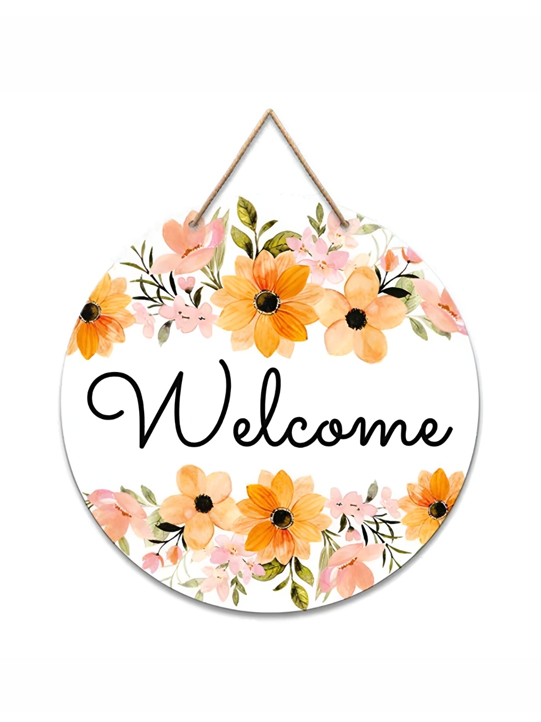 

THEDECORKART White & Yellow Printed Wooden Wall Hanging