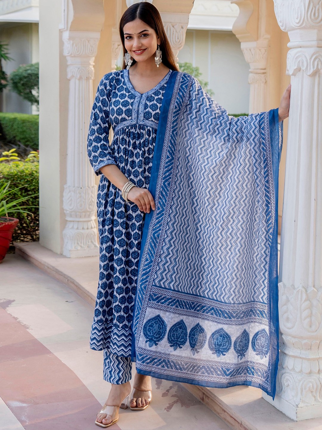 

KALINI Ethnic Motifs Printed Regular Kurta With Trousers & Dupatta, Blue