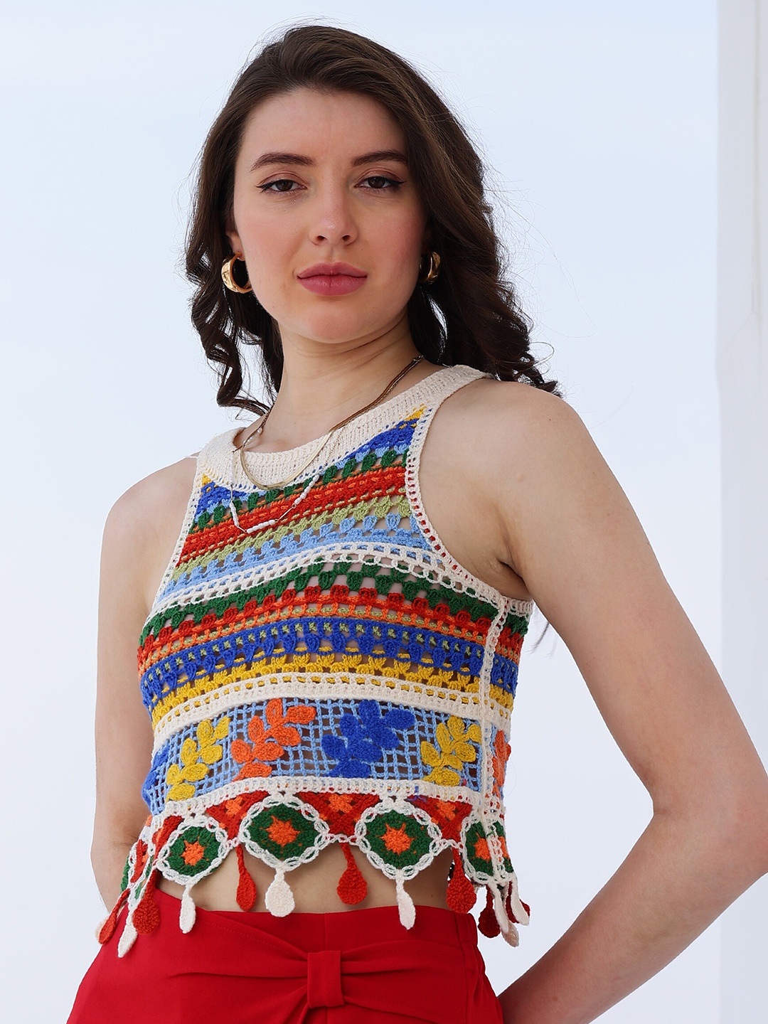 

Boho By Athena Geometric Print Fringed Cotton Fitted Top, Red
