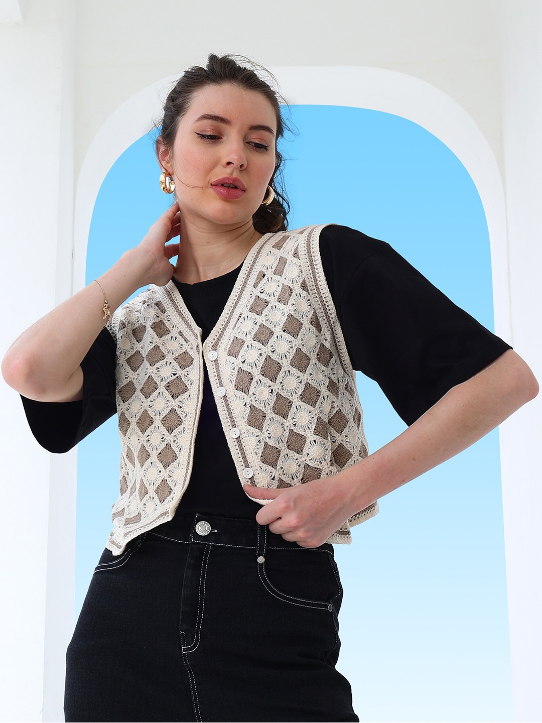 

Boho By Athena Self Design Cotton Crochet Jacket, Brown