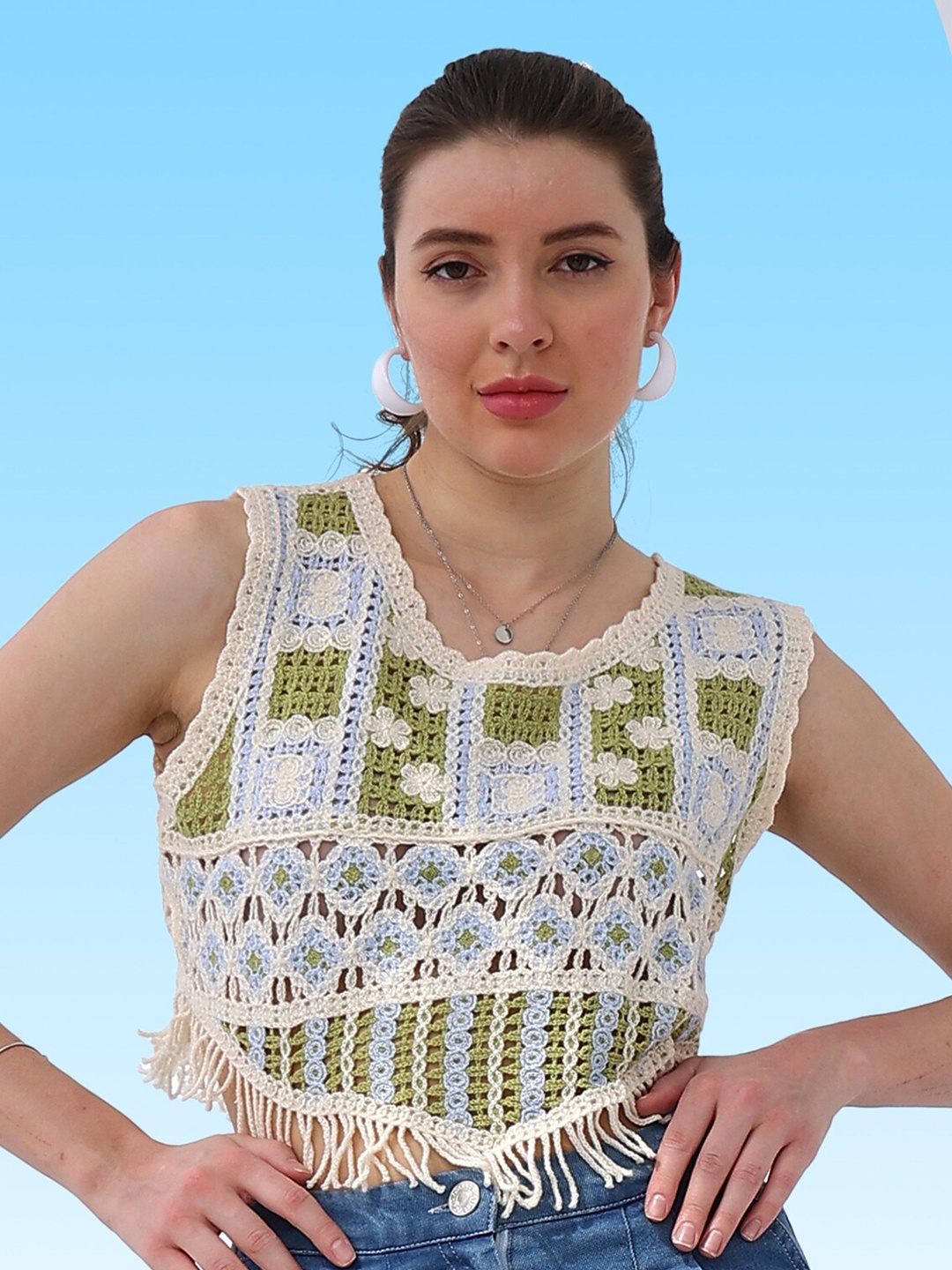 

Boho By Athena Self Design Fringed Crochet Cotton Top, Blue