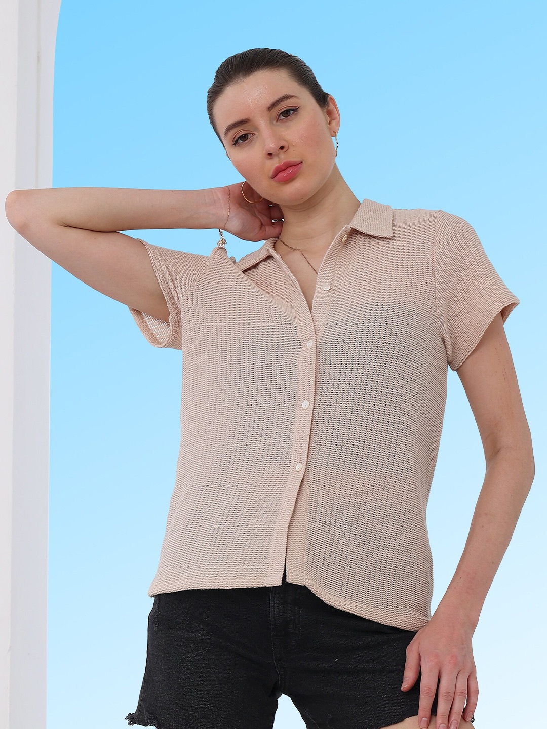 

Boho By Athena Semi Sheer Cotton Casual Shirt, Beige