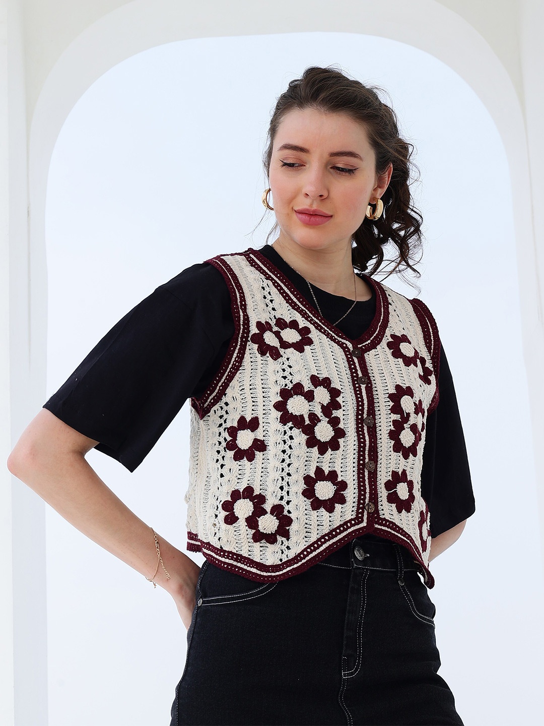 

Boho By Athena Self Design Cotton Crochet Jacket, Burgundy