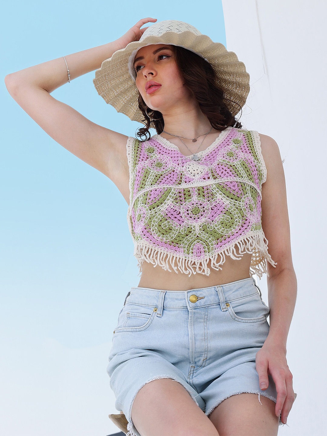 

Boho By Athena Self Design Fringed Crochet Cotton Top, Pink