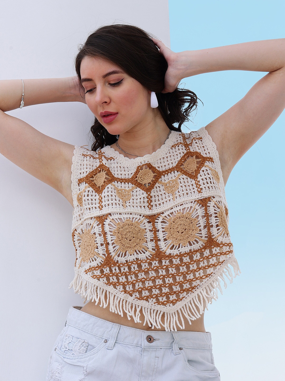 

Boho By Athena Self Design Fringed Crochet Cotton Top, Brown