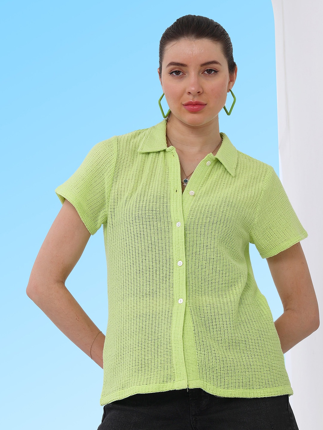 

Boho By Athena Spread Collar Cotton Semi Sheer Casual Shirt, Green
