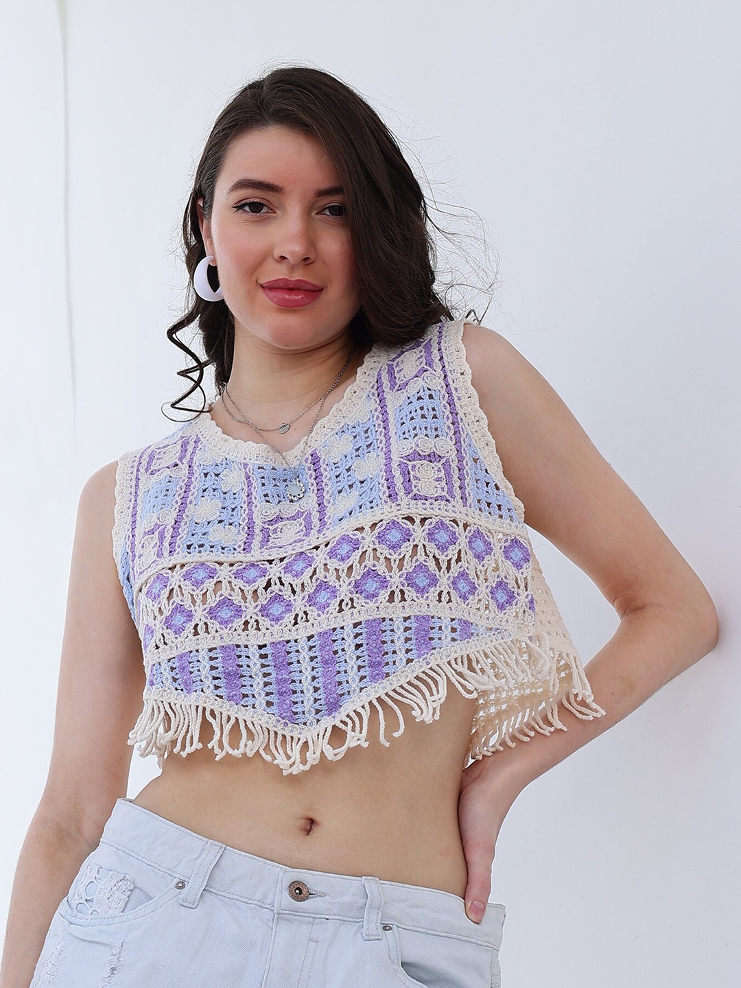 

Boho By Athena Self Design Fringed Crochet Cotton Top, Blue