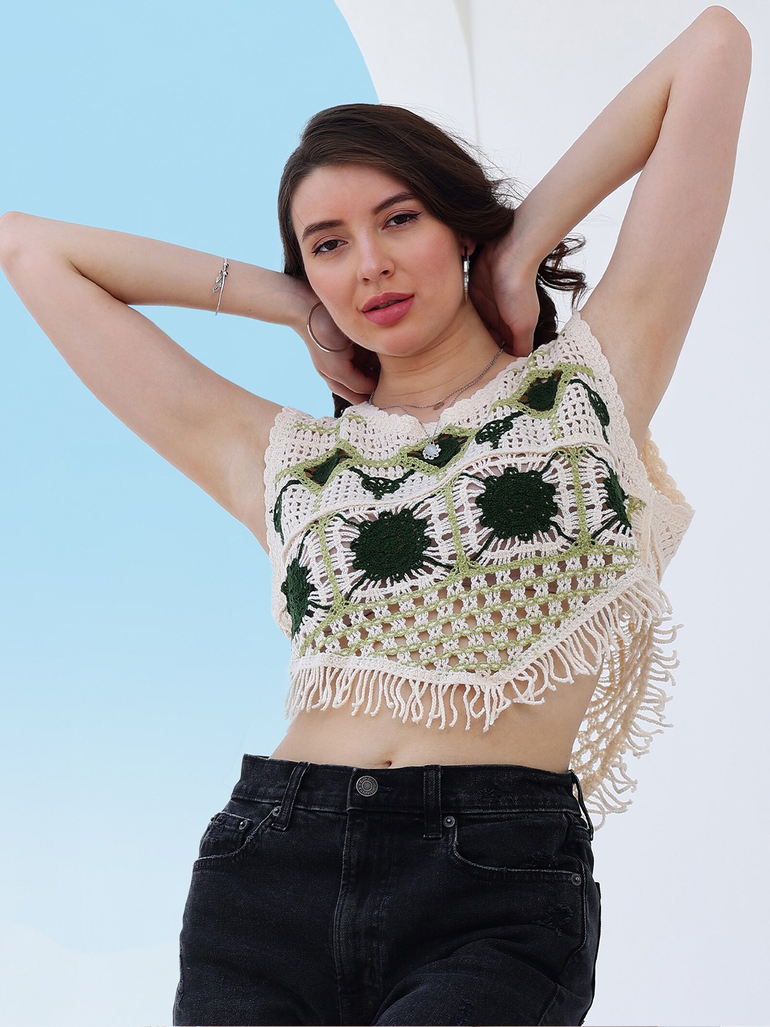 

Boho By Athena Floral Print Fringed Cotton Top, Green