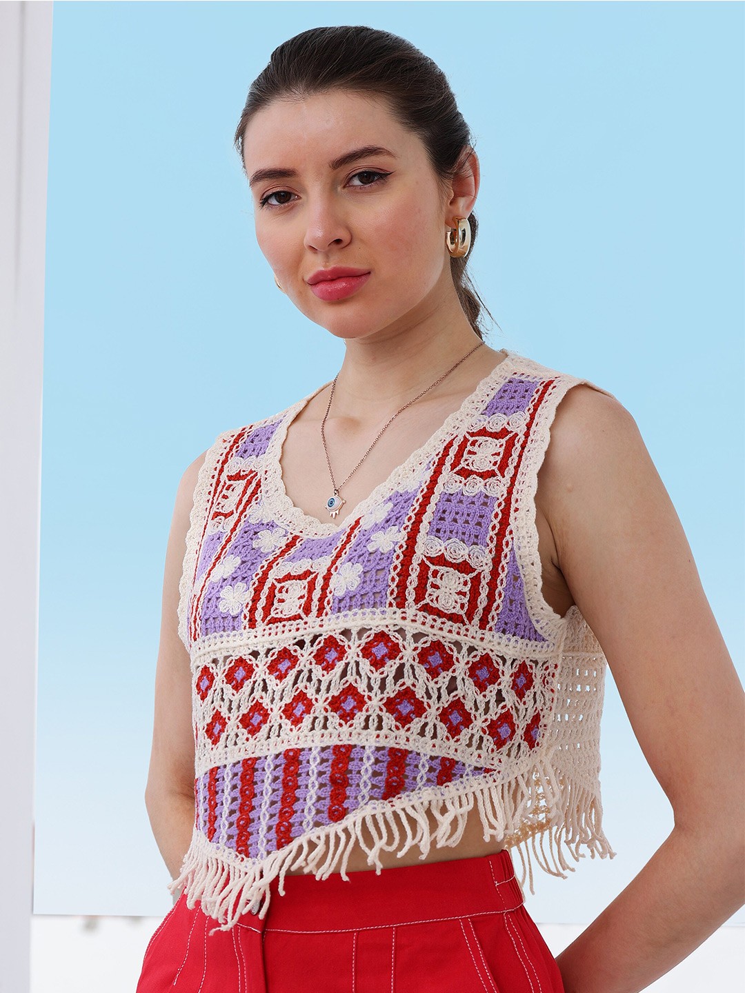 

Boho By Athena Fringed Crochet Cotton Top, Lavender