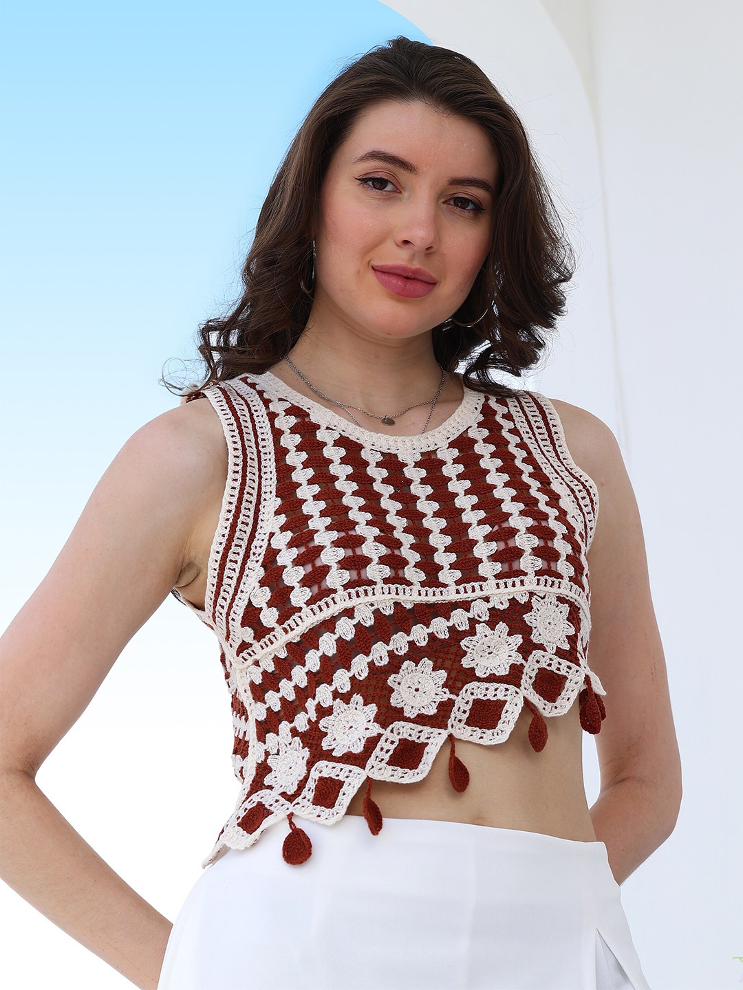 

Boho By Athena Geometric Self Design Fringed Asymmetrical Crochet Cotton Crop Top, Brown