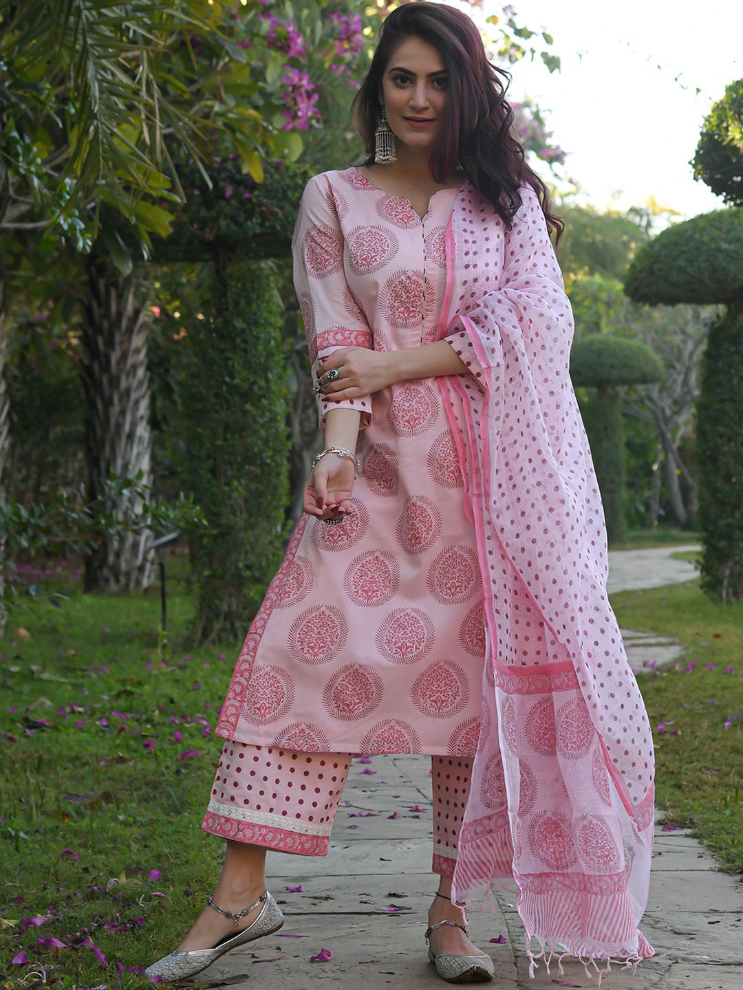

KALINI Ethnic Motifs Printed Regular Kurta With Trouser & Dupatta, Pink